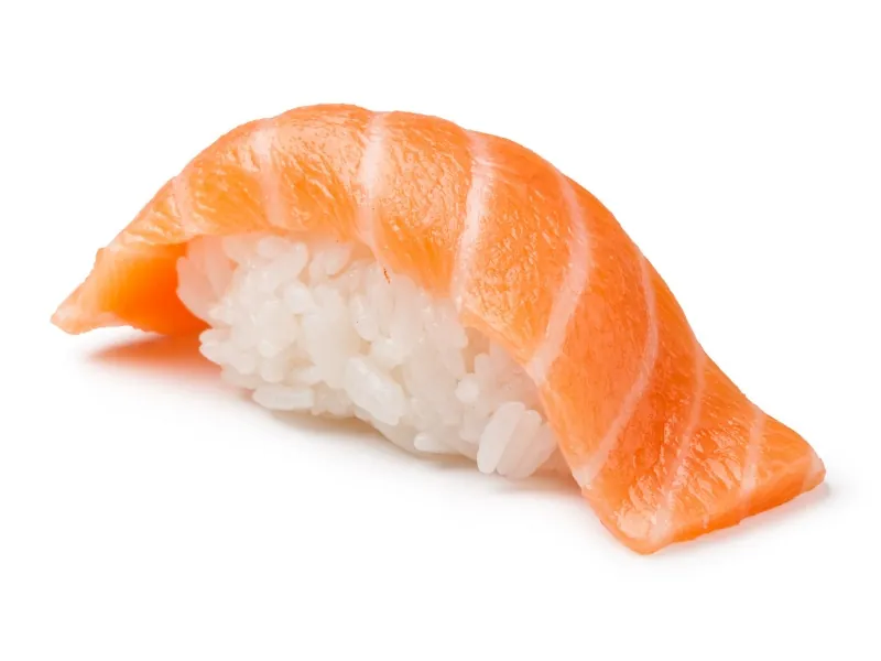 Salmon nigiri sushi with vinegared rice at Nova Sushi & Teriyaki, a Japanese Restaurant in Jackson Heights